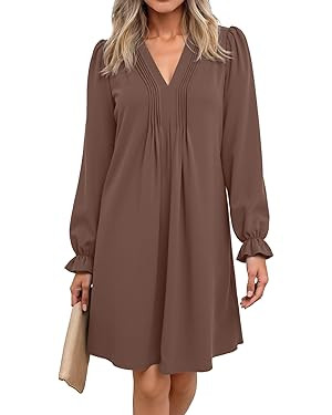 Dokotoo Womens Casual Dress A-Line Ruffle Sleeve V Neck Midi Dress 2025 Fashion Pleated Flowy Sun... | Amazon (US)