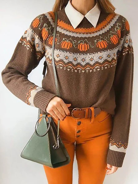 Pumpkin Print Long Sleeve Round Neck Knit Sweater | Anniecloth