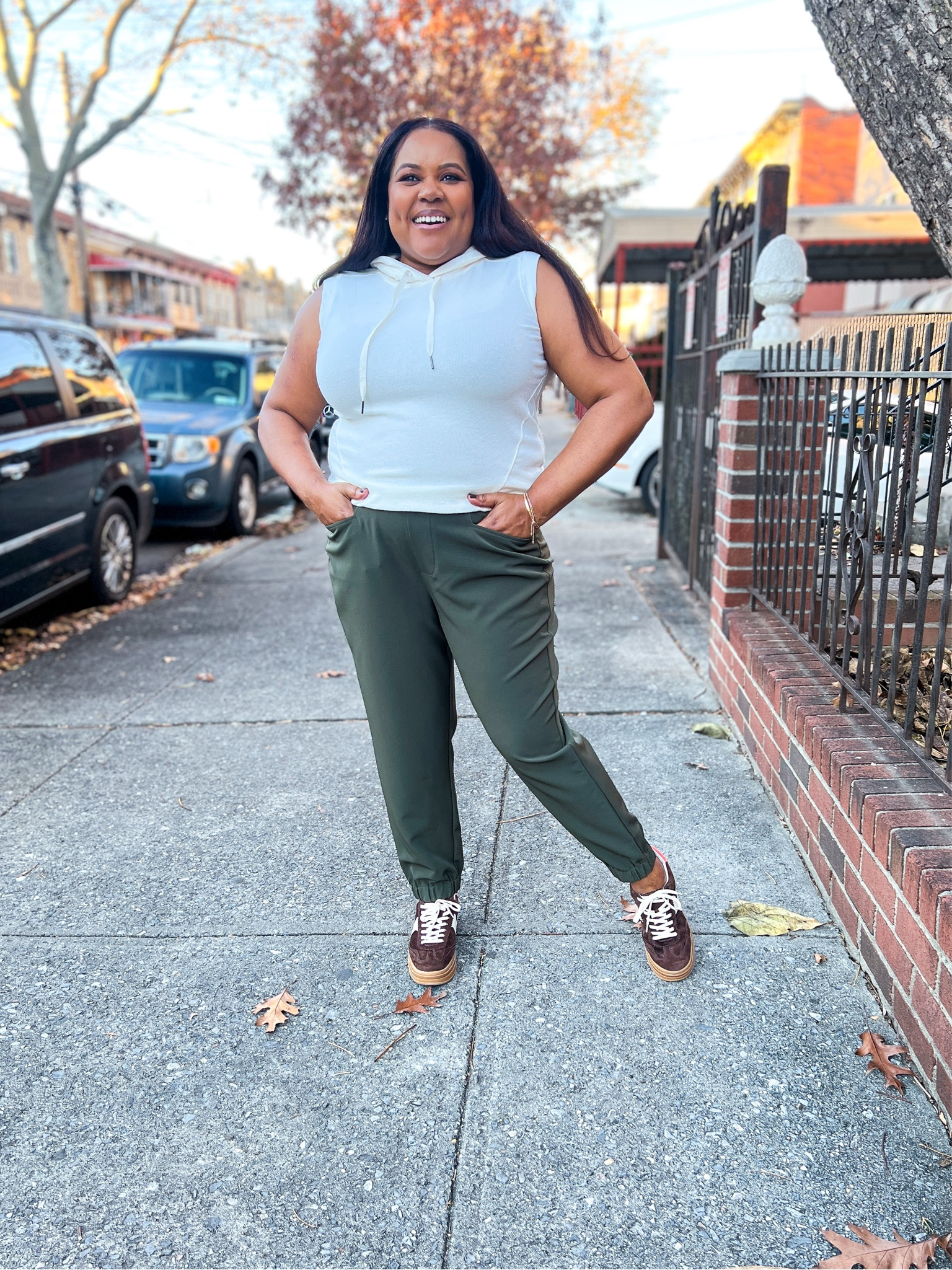 I have a confession. I think joggers are the perfect pants. Casual midsize outfit, fall outfit, green joggers, sleeveless hoodie, suede sneakers. Code INFS-AMBPATRANILA for 10% off at Universal Standard 
#ltkseasonal #ltksalealert 

#LTKMidsize #LTKOver40 #LTKStyleTip