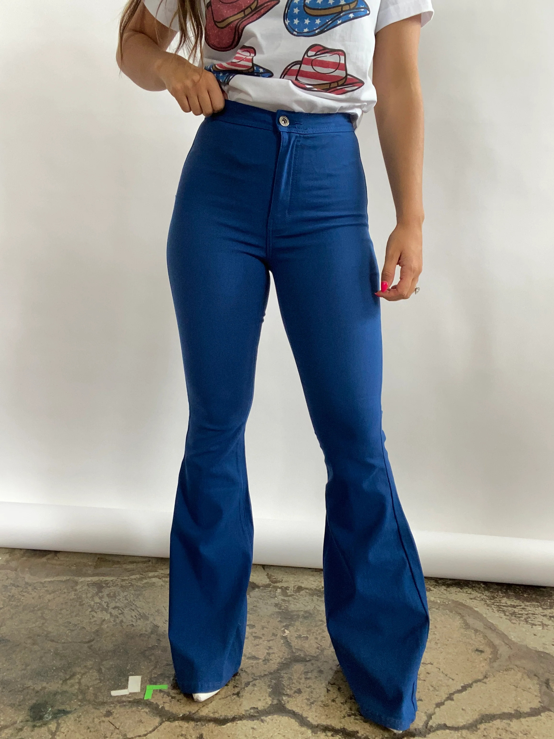 Fiona High Waisted Bell Bottom Flare Jeans - Mykonos Blue | Willow Boutique