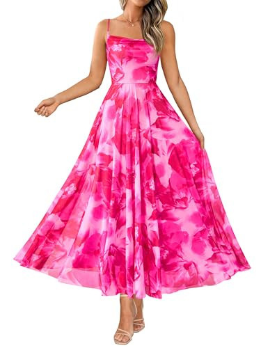 BTFBM Women Summer Floral Maxi Dresses Elegant Spaghetti Strap Dress Printed Party Dress Beach Long Dresses(Floral Pink,Small) | Amazon (US)