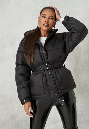 Black Self Belted Puffer Jacket | Missguided (US & CA)