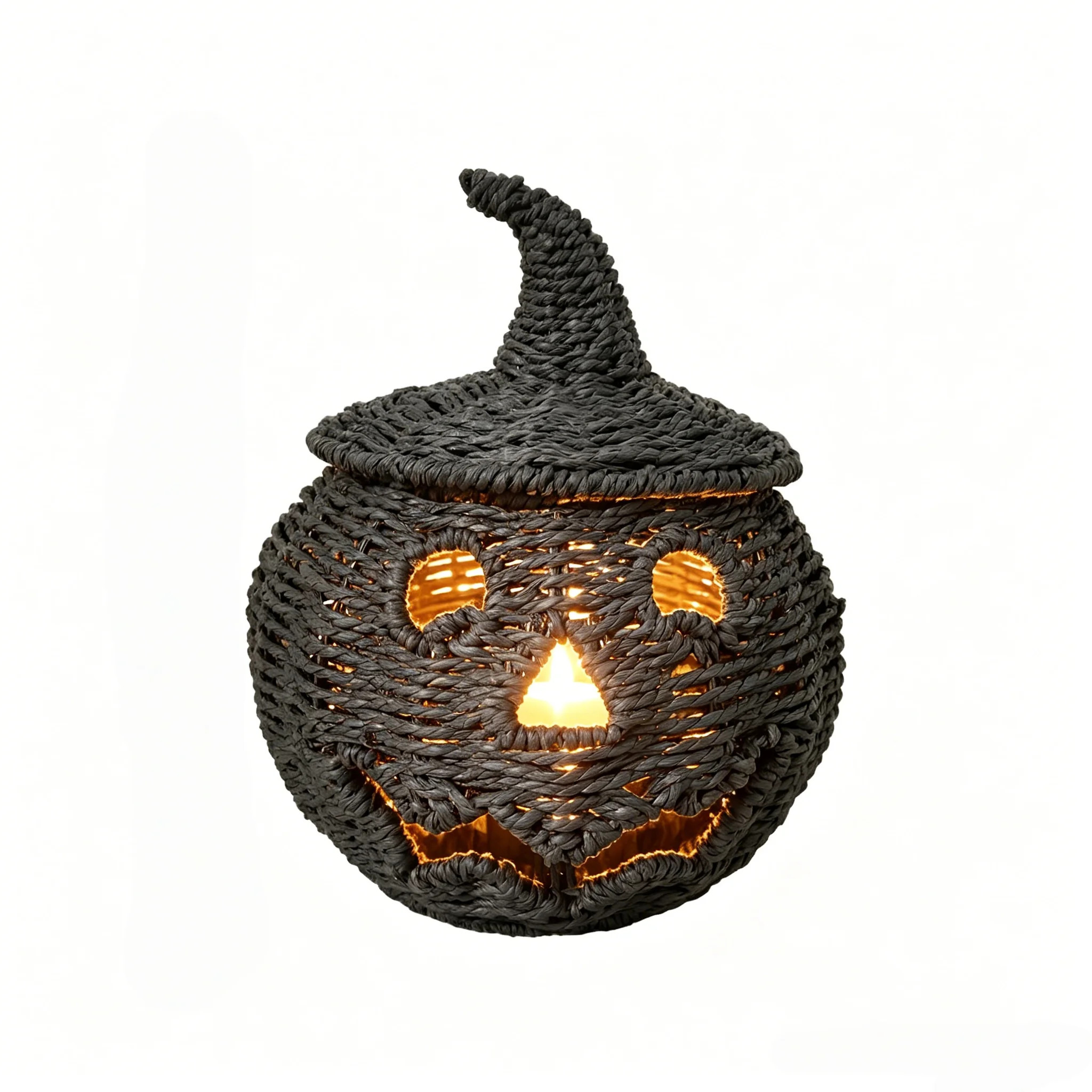 2026 New Black Halloween Seaweed Pumpkin Basket with Witch Hat Cover Lid, Halloween Jack-O-Lantern Woven Container With Led Candle Light for Halloween Event Party Table Decoration, 10.2in - Walmart.com | Walmart (US)