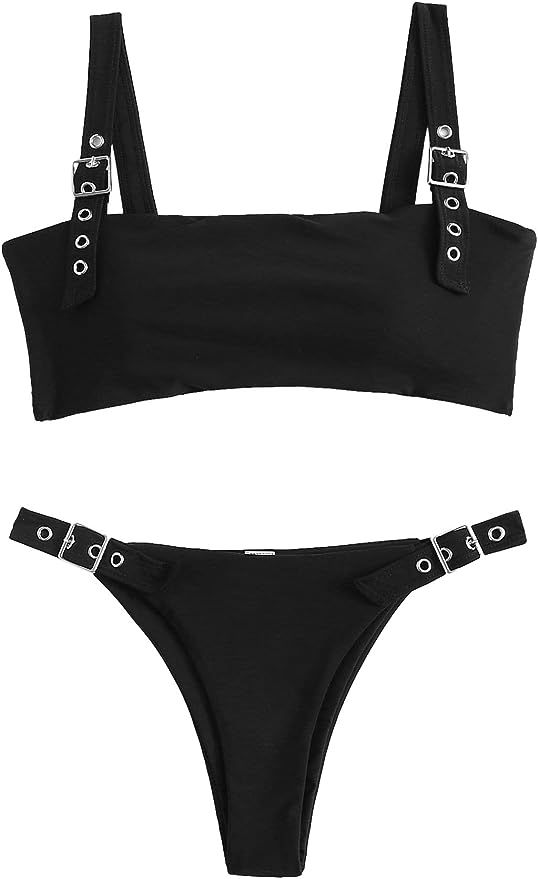 SweatyRocks Women's Sexy Bathing Suits Square Neck Padded Thong Bikini Set Swimsuit | Amazon (US)