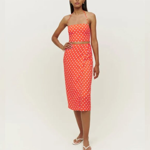 NWOT Reformation Voyage Two Piece Set in Tangelo Orange White Polka Dots Midi | Poshmark