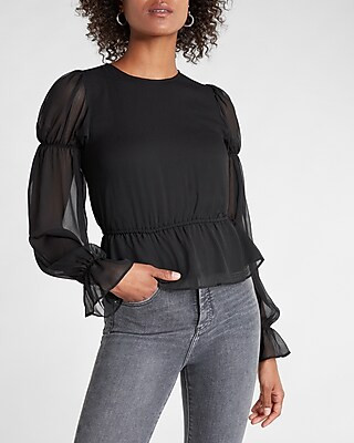 Puff Sleeve Banded Bicep Peplum Top | Express