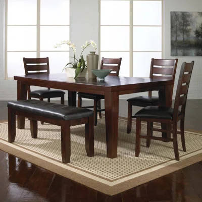 Contemporary 6Pc Dining Set Extendable Leaf Table Leather Look Polyurethane PU Fabric Upholstered Chair Bench Seats Wooden Solid Wood | Wayfair North America