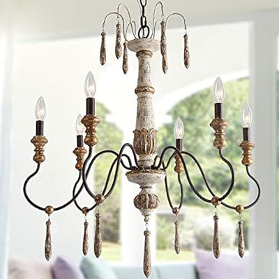 LALUZ Farmhouse Wood Chandelier, 6 Handmade French Country Lighting for Dining, Living Room, Bedr... | Amazon (US)