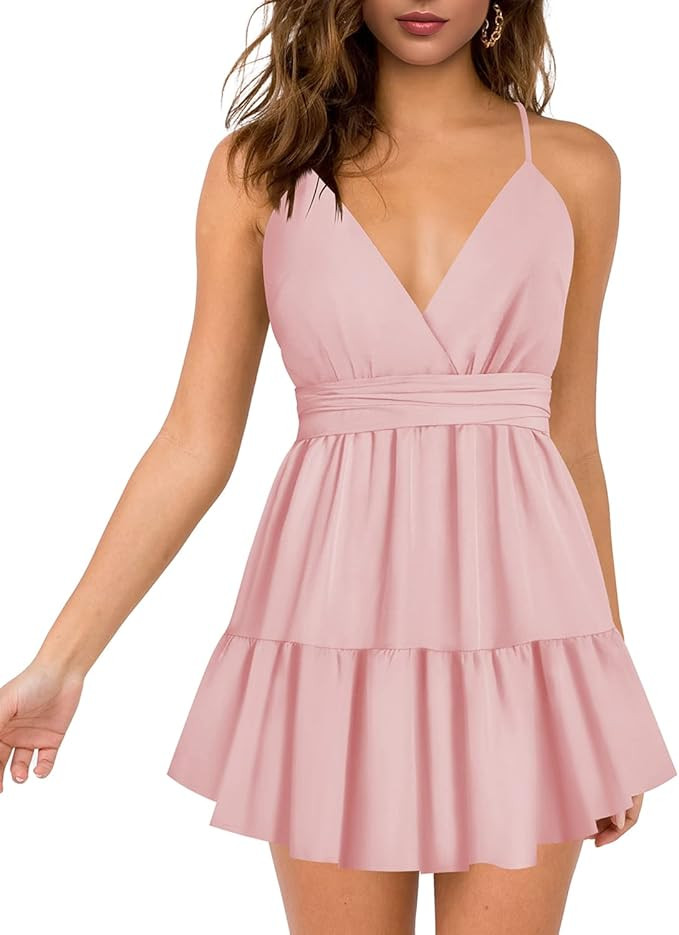 Hocuos Women's Dress Sexy V-Neck Adjustable Spaghetti Strap Waist Tie Sleeveless Layer Ruffle Hem... | Amazon (US)