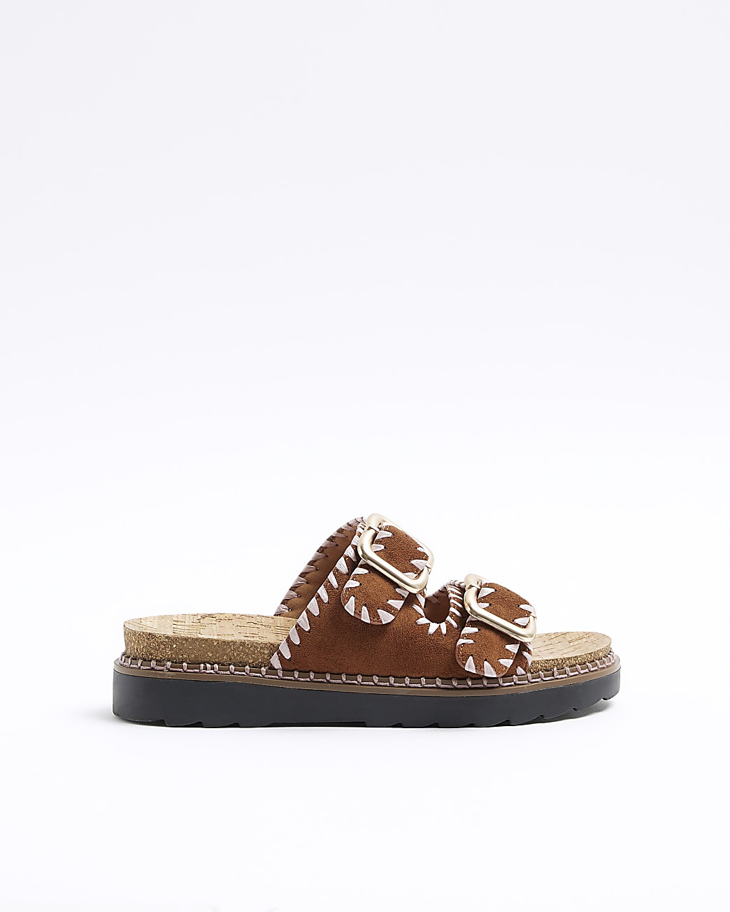 Brown Stitched Double Buckle Sandals | River Island (UK & IE)