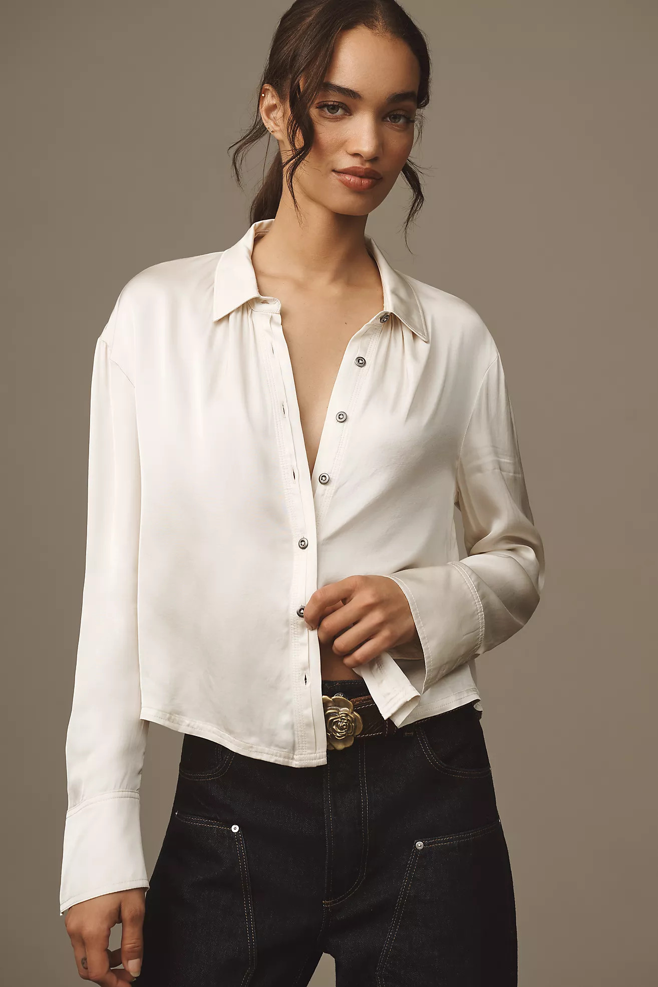 Pilcro Cropped Satin Buttondown Blouse | Anthropologie (US)