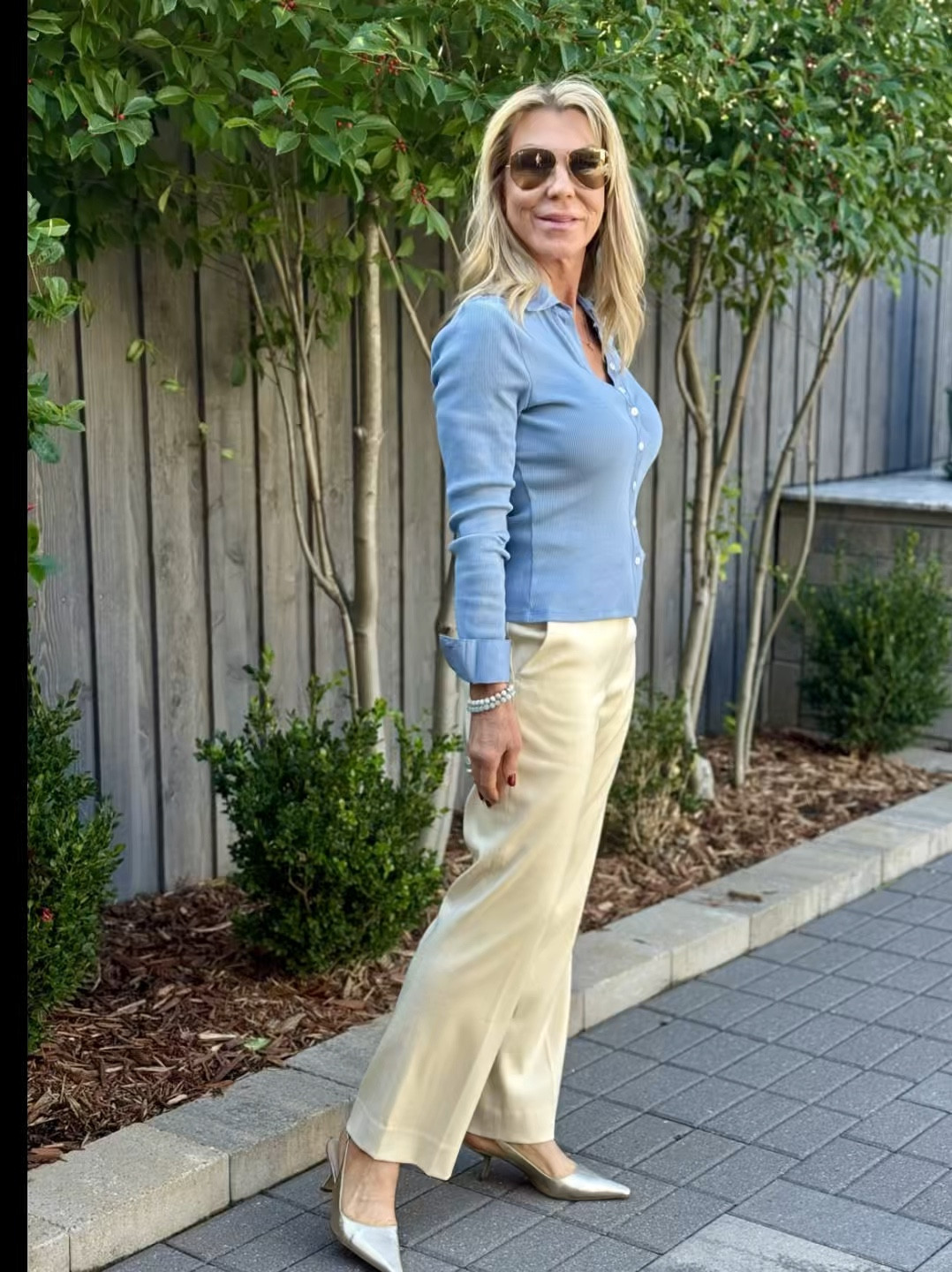 This top from Veronica Beard checks a lot of boxes! 
I always start with comfort ✅ It’s a soft cotton that fits the body without being clingy or too tight. The buttons down the front don’t pull open which so many like this do on me. No safety pin needed!! 
It has style ✅ This soft blue is so pretty and the cuffs and collar are a satin fabric which gives it interest and elevates the top several notches. 
The kitten heels are from Dolce Vita and are so cute and classy and best of all… COMFORTABLE! They come in sooooo many different colors and patterns and I have several of them because I love them so much! 

#LTKOver40 #LTKStyleTip #LTKWorkwear