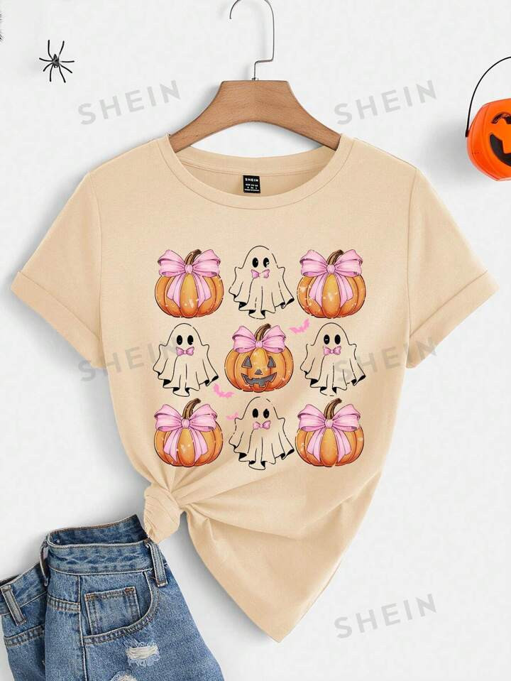 SHEIN LUNE Casual Minimalist Halloween Graphic Round Neck Short Sleeve Fitted Plus Size Women T-S... | SHEIN