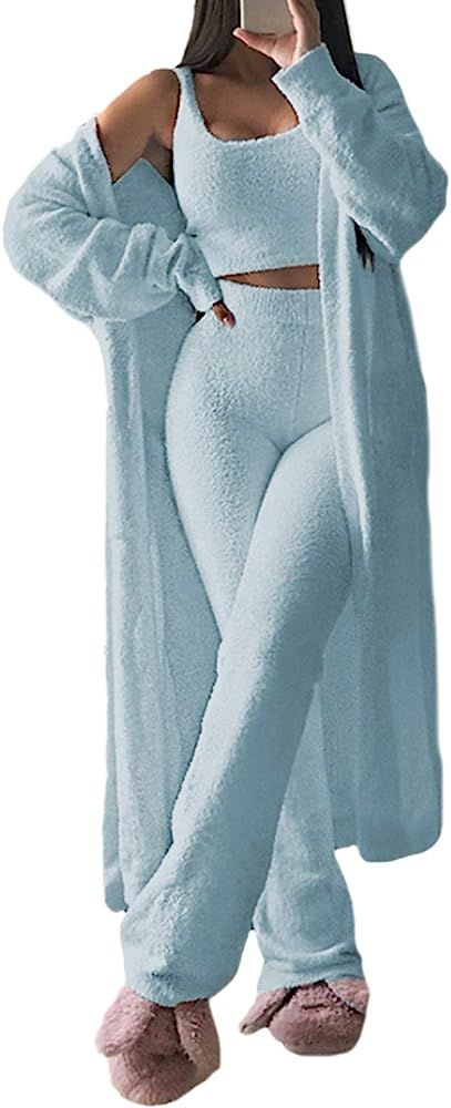 Women's Fuzzy 3 Piece Sweatsuit Open Front Cardigan Crop Tank Tops Wide Legs Pants Lounge Sets | Amazon (US)