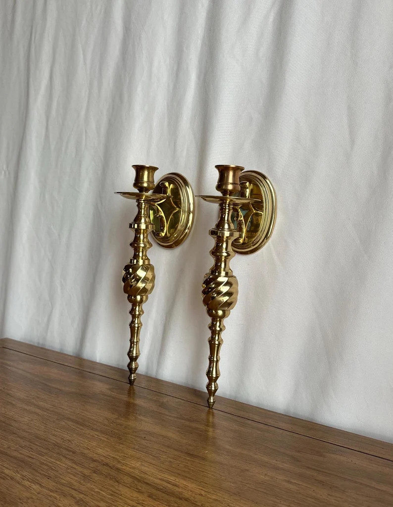 Vintage Pair Brass Candlestick Wall Sconce - Etsy | Etsy (US)