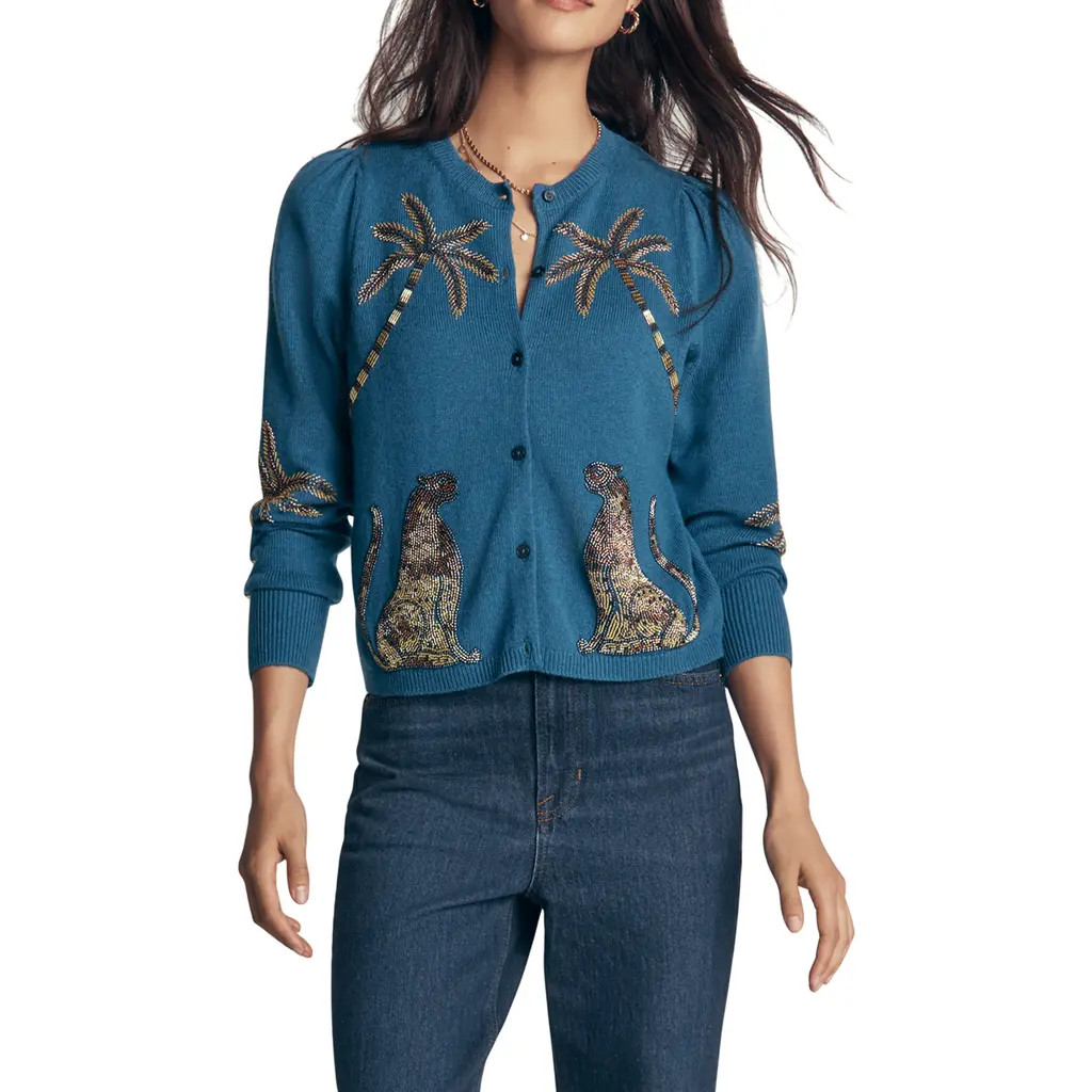 Boden Ria Embellished Cardigan in Blue/palm at Nordstrom, Size X-Large | Nordstrom