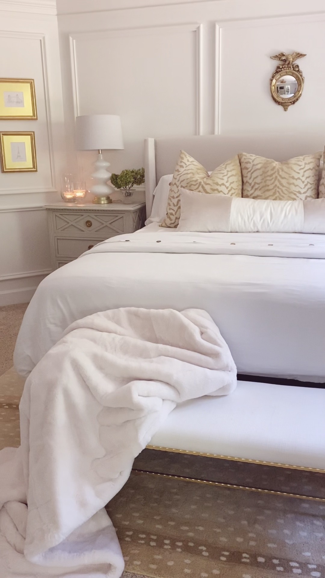 Primary bedroom, master bedroom, throw pillows, throw blanket, faux fur, bedroom bench, Ballard, Antelope rug, linen bedding, bust statues, candles, 

#LTKSeasonal #LTKhome