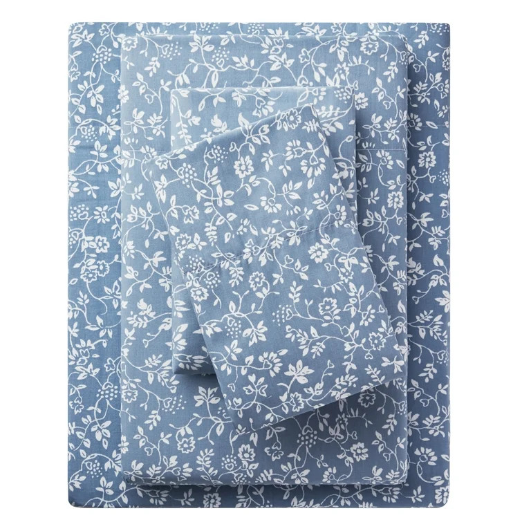 Mainstays 4-Piece 300 Thread Count Blue Floral CVC Cotton Blend Bed Sheet Set, King | Walmart (US)