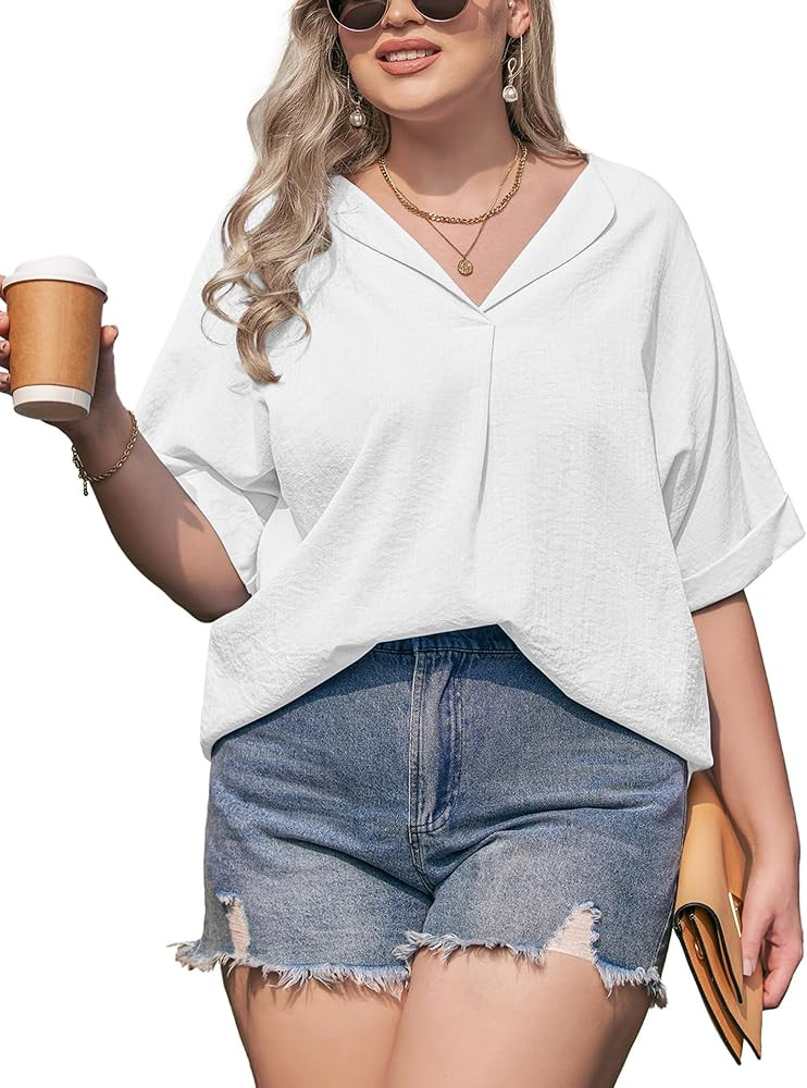 IN'VOLAND Womens Plus Size Blouse V Neck Shirt Short Sleeve Casual Formal Summer Office Tops | Amazon (US)