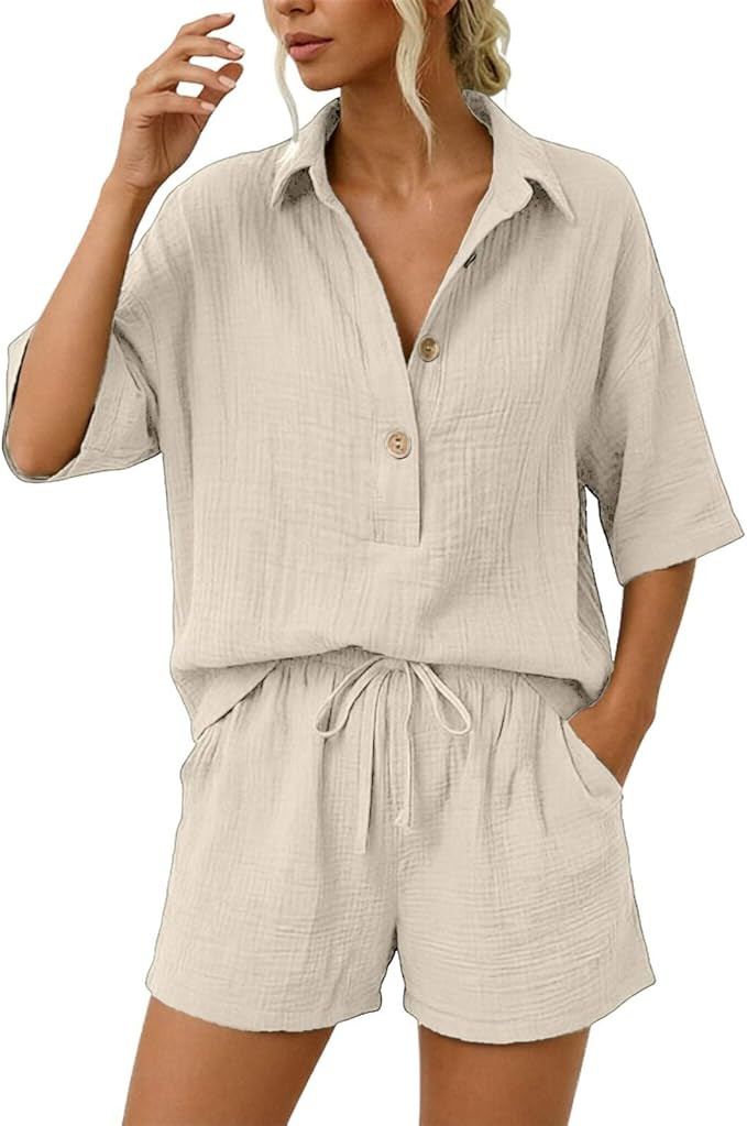 Linen Short Sets for Women 2 Piece Summer Short Sleeve Button Down Shirt Matching Set Beach Loose... | Amazon (US)