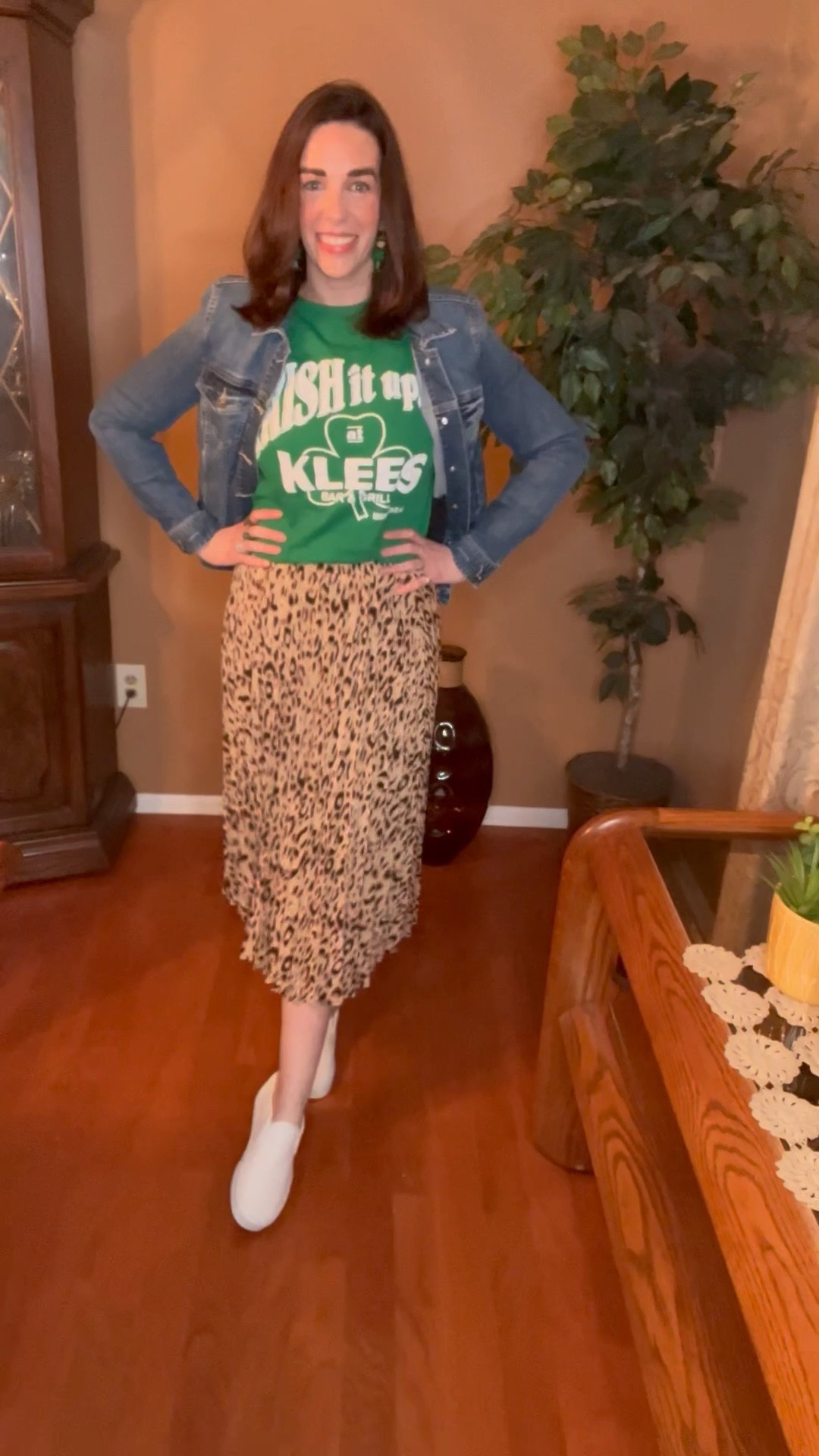 Denim jacket (small). Leopard skirt (small). White slip on sneakers (8.5). #denimjacket #jacket #leopardskirt #skirt #sneakers #whitesneakers #sliponsneakers #springoutfit #springfashion #stpatricksday #stpatricksdayoutfit Spring Fashion 

#LTKSeasonal #LTKFindsUnder100 #LTKStyleTip
