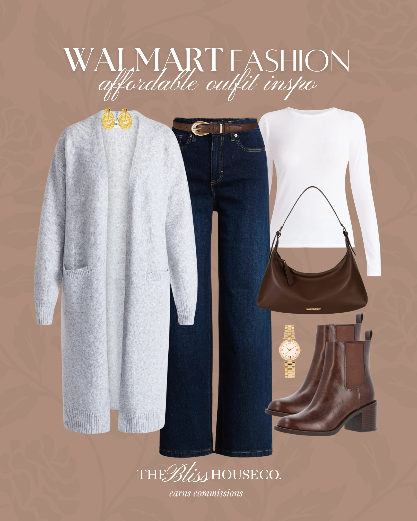 Walmart affordable fashion outfit inspo ✨ fall and winter style, casual simple outfit, dark wash wide leg jeans, long cardigan, white long sleeve, chocolate brown accents, trending styled look 

 #LTKootd #LTKFindsUnder50