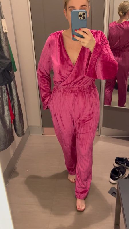 Pink velvet jumpsuit from target is great for the holidays and winter. Runs true to size but a little long. I’d wear it with heels  

#LTKHoliday #LTKFind #LTKSeasonal