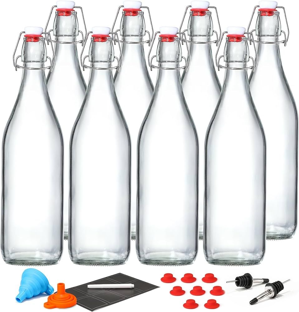 8 Pack [1 Liter / 33 fl. oz.] Swing Top Glass Bottles w/ Airtight Stopper Lids – Flip Top Brewi... | Amazon (US)