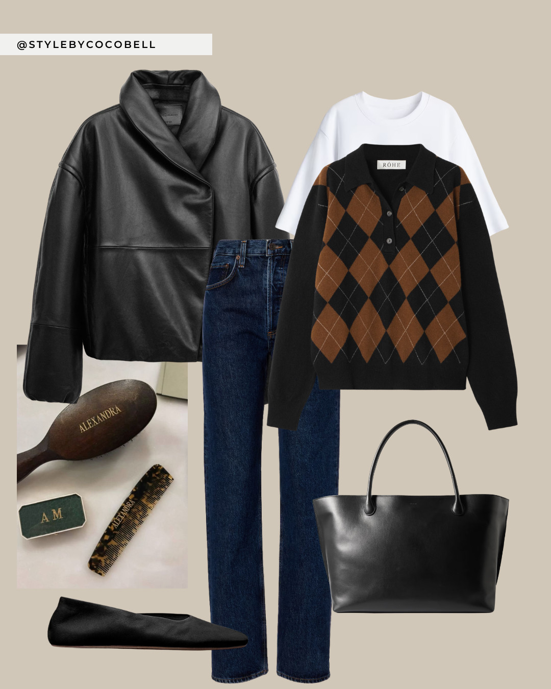 black leather jacket, oversized leather jacket, argyle knit sweater, brown and black sweater, straight leg dark denim, high waisted jeans, black ballet flats, black leather tote bag, preppy chic outfit, parisian style, elevated everyday look, fall layering outfit, classic capsule wardrobe, effortless minimal style 

 #LTKspring