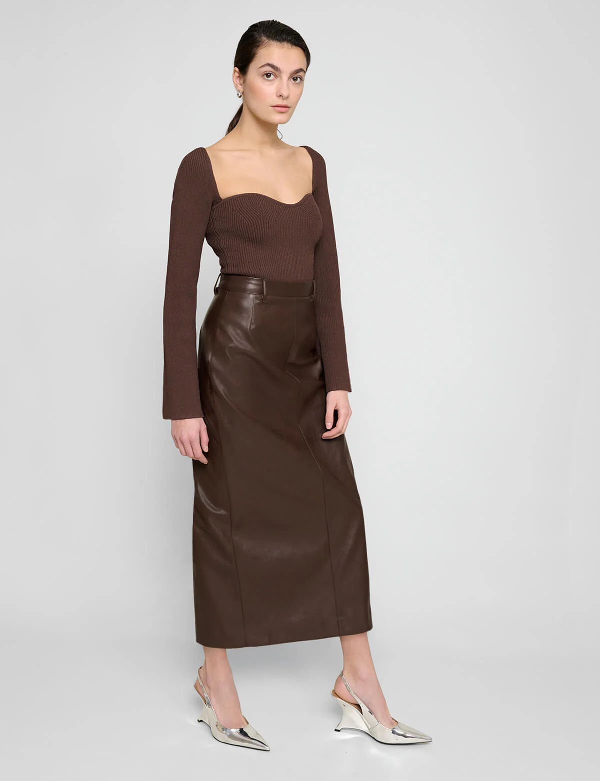 Yve Dark Brown Leather Skirt-BESTSELLER | Pixie Market