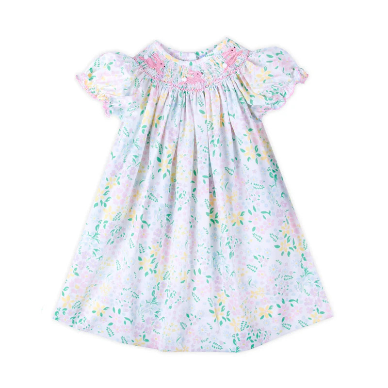 Hopping Bunny Smocked Garden Floral Bishop Dress | Classic Whimsy