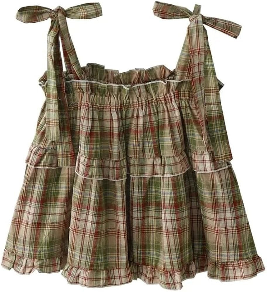Women's Camisole Tank Tops Red Plaid Camisoles Women Vintage Ruffles Cute Girlish Cropped Tops Ho... | Amazon (US)