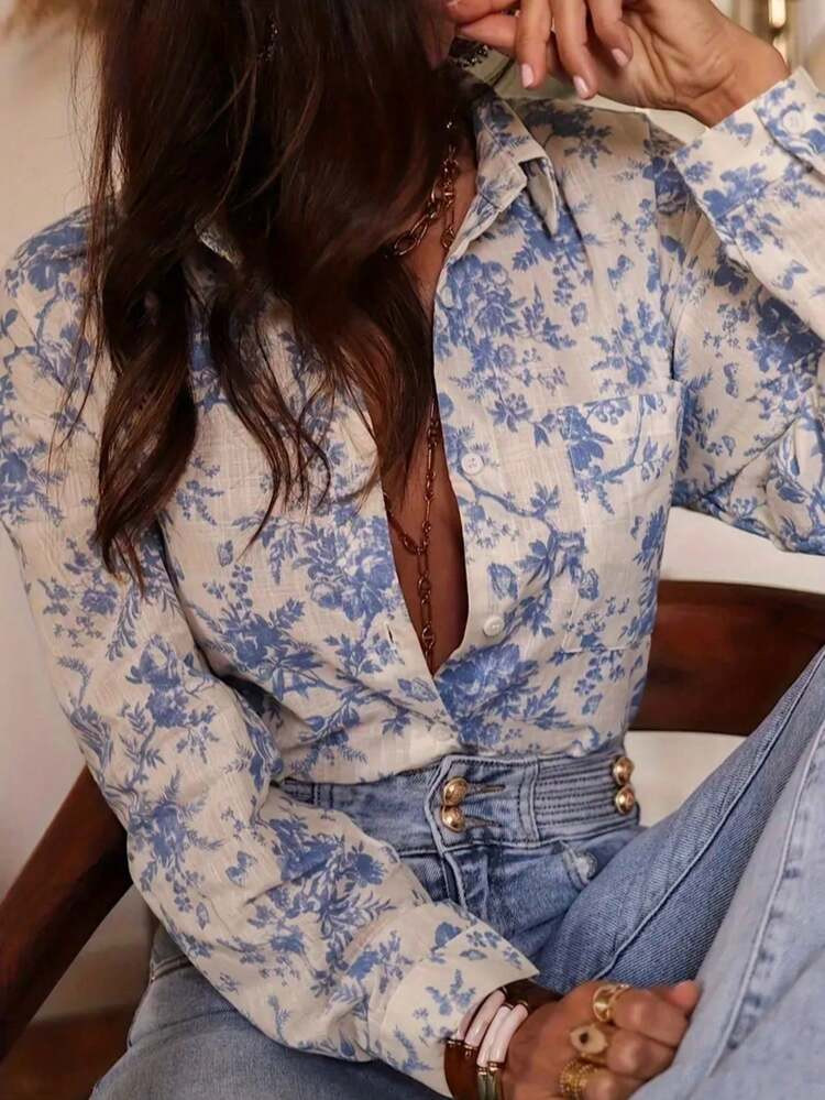Women's Casual Vacation Style Floral Print Patchwork Pocket Long Sleeve Shirt, Spring/Autumn White | SHEIN
