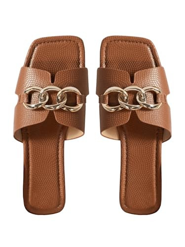 GORGLITTER Women's Square Toe Flat Sandals Summer Dressy 2025 Trendy Vacation Sandals Summer Slides Shoes Brown 9.5 | Amazon (US)