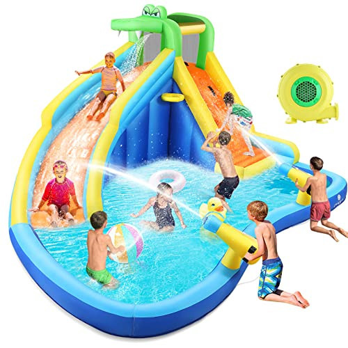 Inflatable Bounce House Crocodile Kids Aqua Water Slide, 7 in 1 Lagoon Splash Pool,Climbing Wall,2 Water Gun,Basketball Hoop with 450W Blower for Outdoor Backyard 1 | Amazon (US)