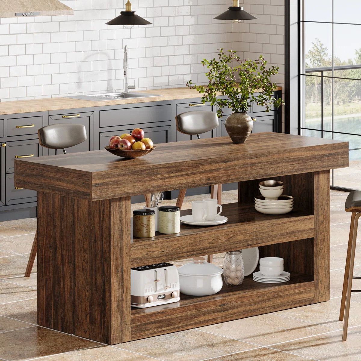 55-Inch Wood Kitchen Stationary Island with 2-Tier Storage, Coffee Bar Table for Kitchen, Dining ... | Wayfair North America
