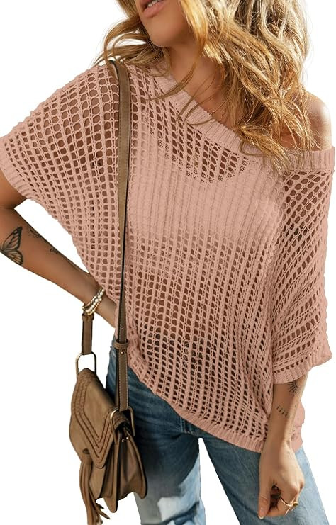 Womens Casual Summer Crochet Tops Short Sleeve Hollow Out Sweater Shirts Beach Knit Coverup | Amazon (US)