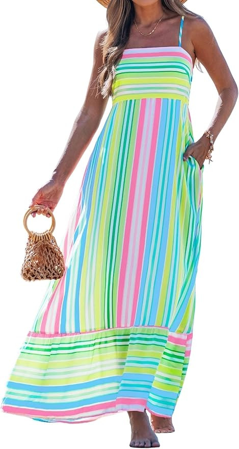 popvil Women Summer Maxi Dress 2026 Spaghetti Strap Long Beach Dress Boho A-Line Flowy Casual Sle... | Amazon (US)
