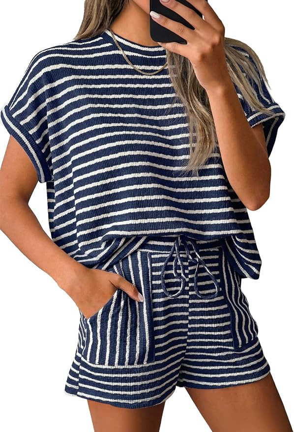 Tankaneo Womens Striped Summer 2 Piece Short Sets Short Sleeve T Shirts Drawstring Shorts Casual ... | Amazon (US)