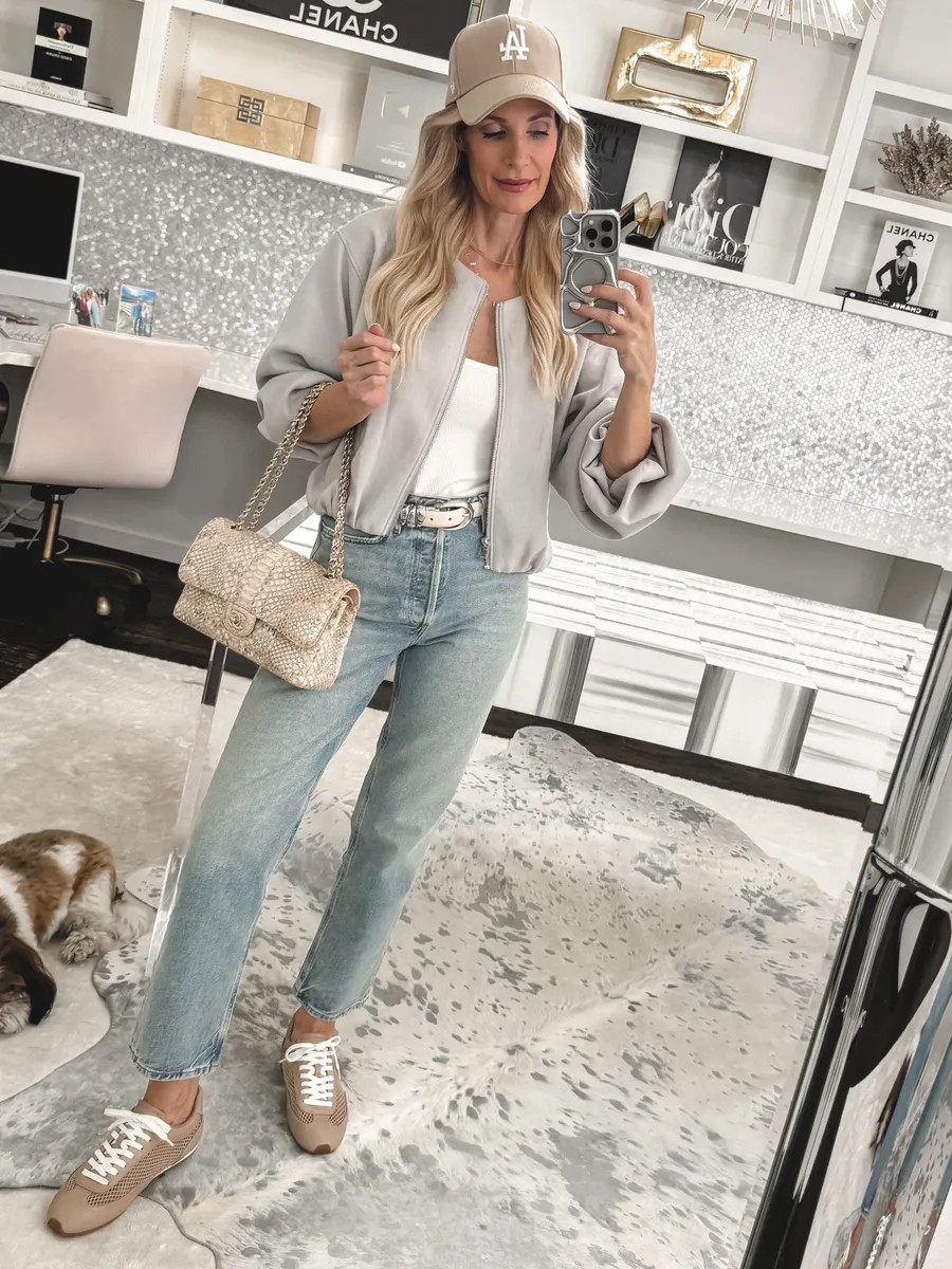 Obsessed with my new L-agence slim sneakers—the biggest sneaker trend of 2026! Neutral, breathable, insanely comfortable (walked my dog, zero blisters!), and perfect for summer. Wore them with my Express bomber (on sale!) and my favorite Agolde jeans—the perfect length for sneakers. I’m 5’4”, wearing XS jacket & size 24 jeans. These are going to be your new go-to too, I promise! ✨  

 

#LTKdayinmylife #LTKgrwm #LTKOver40