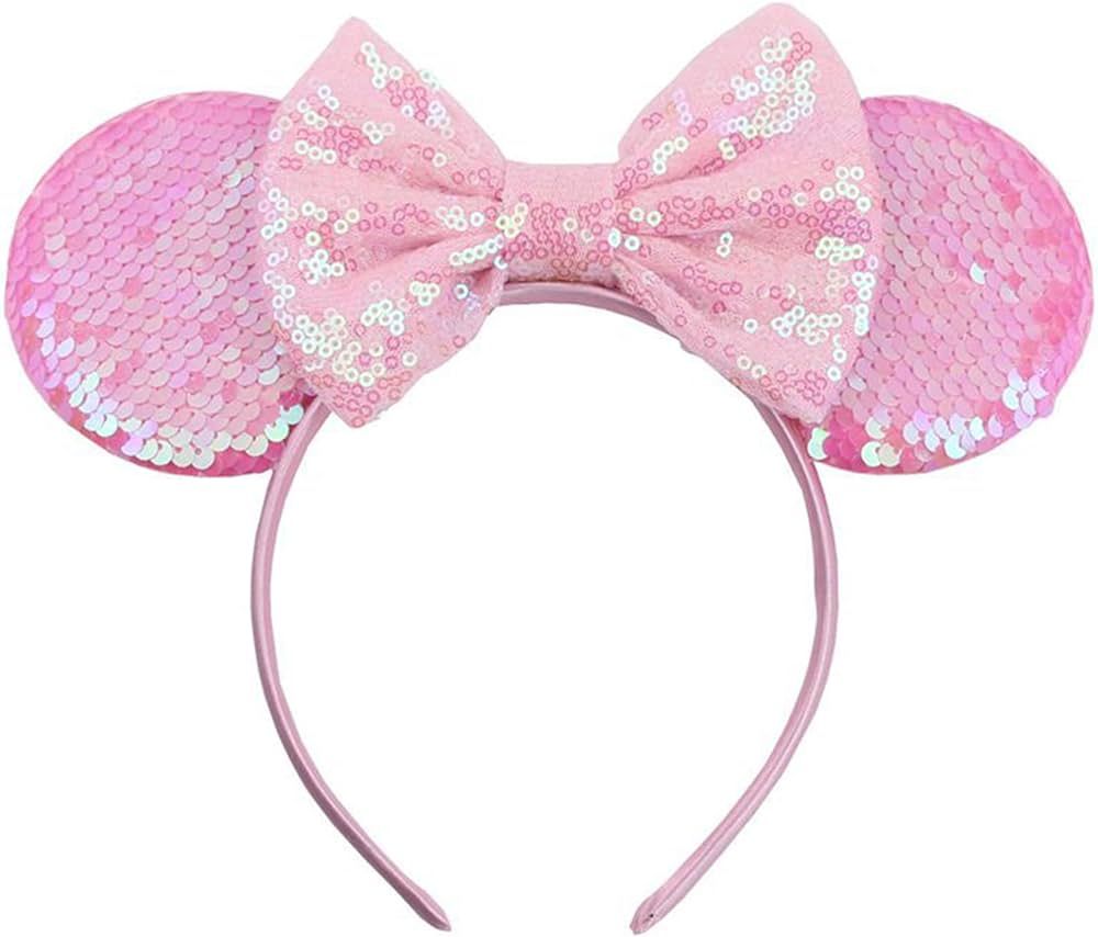 PAITTY Mouse Ears Headbands, Sequin Princess Mouse Ears for Women Girls with Pink Shiny Bow Headb... | Amazon (US)