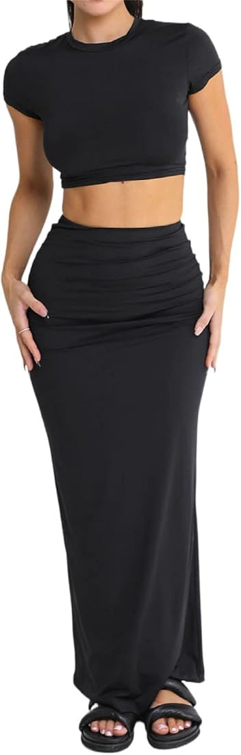 Two Piece Skirt Set for Women 2 PC Y2K Outfits Short Sleeve Crop Tops Bodycon High Waist Long Max... | Amazon (US)