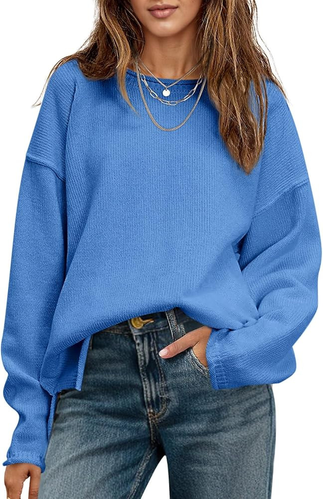 Saodimallsu Womens Oversized Crew Neck Sweaters Long Sleeve Slouchy Knit Fall Casual Loose Side S... | Amazon (US)