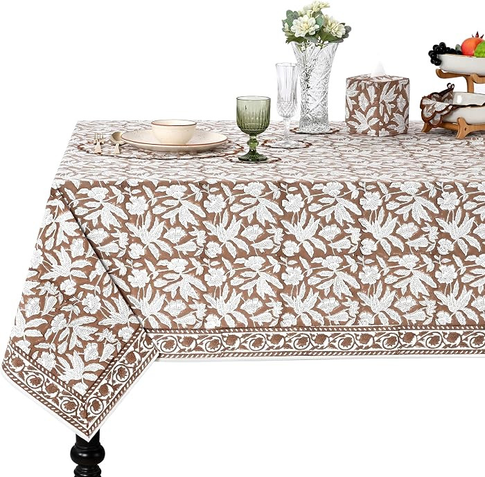 Oak Brown Hand Block Print Rectangle Tablecloth 120x60 Inch | Amazon (US)