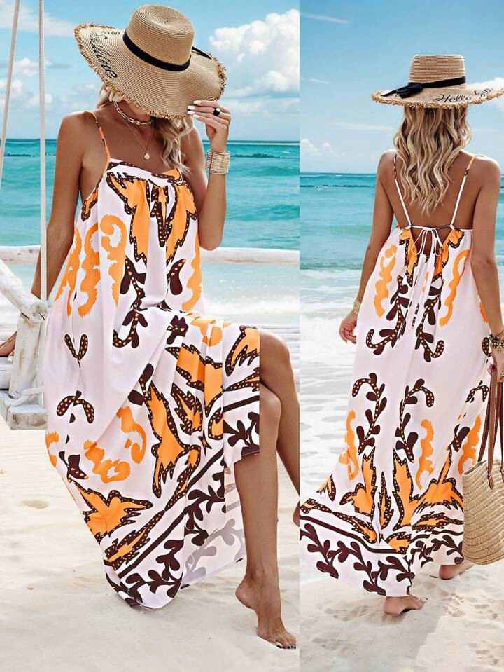 SHEIN VCAY Loose Fit Spaghetti Strap Printed Dress With Side Slit | SHEIN