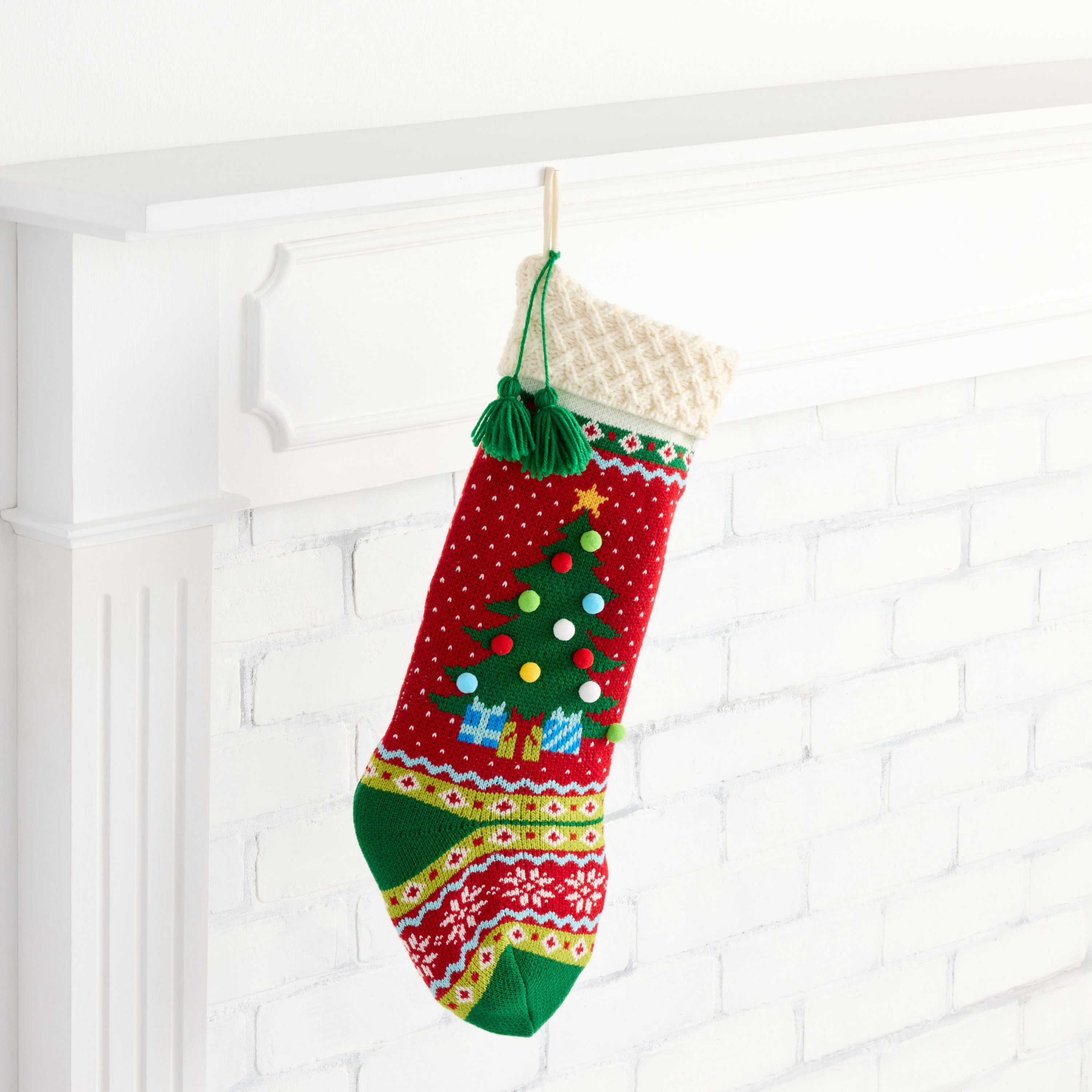 Red and Green Knit Pom Pom Tree Christmas Stocking | World Market