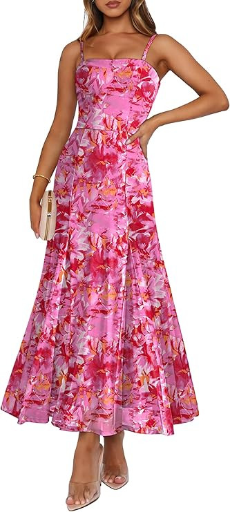 Caracilia Maxi Dresses for Women Formal Mesh Spaghetti Strap Cocktail Wedding Guest Party Floral ... | Amazon (US)