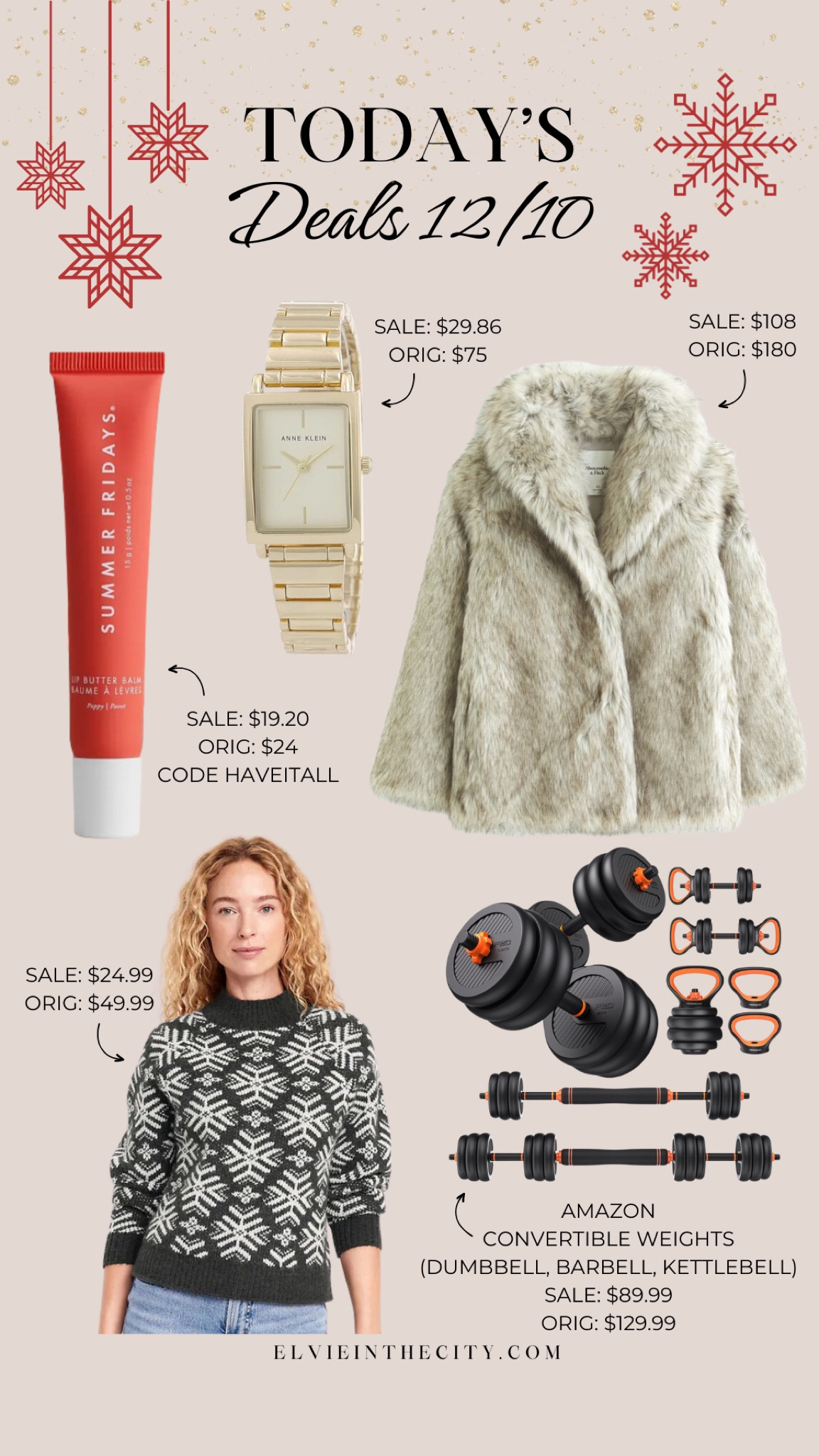 Today’s deals include Summer Fridays Lip Butter Balm (use code HAVEITALL), an Anne Klein watch from Amazon, a faux fur coat from Abercrombie, a holiday print sweater from Old Navy, and a set of convertible weights from Amazon.

Gift ideas for her, gift ideas for him, gift guide, deal of the day, midlife fashion, fashion over 40, fashion over 50

#LTKSaleAlert #LTKFindsUnder50 #LTKGiftGuide