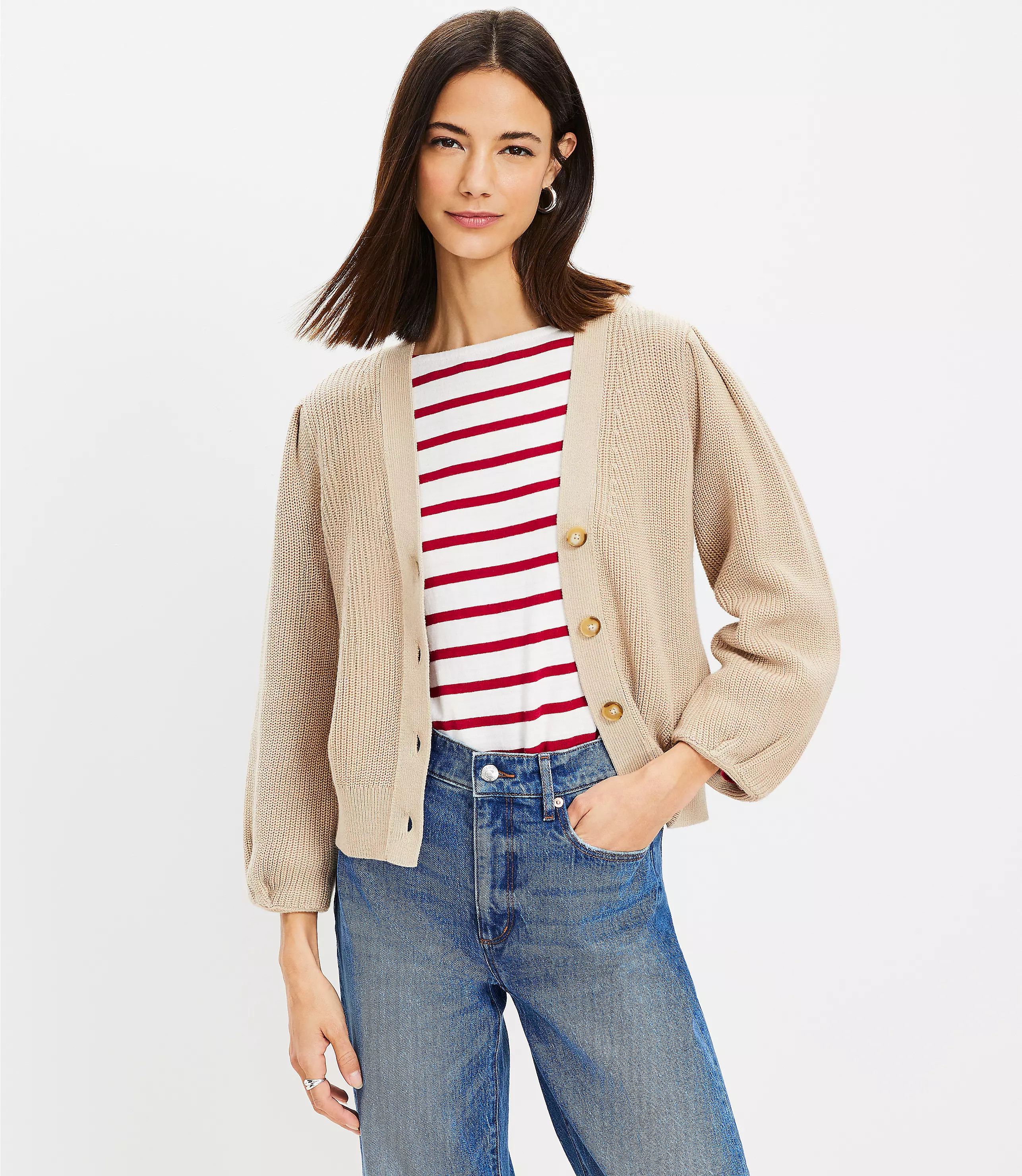 Ribbed Pleated Shoulder V-Neck Cardigan | LOFT