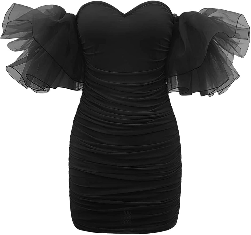WDIRARA Women's Off Shoulder Prom Dress Puff Sleeve Ruched Mesh Cocktail Bodycon Party Elegant Mi... | Amazon (US)